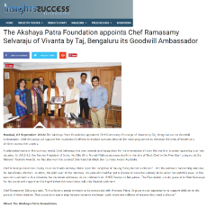The Akshaya Patra Foundation appoints Chef Ramasamy Selvaraju of Vivanta by Taj, Bengaluru its Goodwill Ambassador