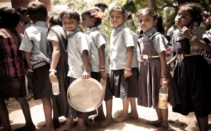Childrens In a Queue for Having Akshaya Patra Mid-Day Meal